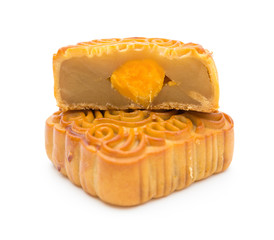 two chinese mooncake with one cut out to celebrate the Middle Autumn Day no trademark or logo