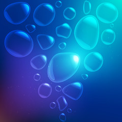 transparent bubbles in water on blue background . Circle and liquid, light design, clear soapy shiny, vector illustration..