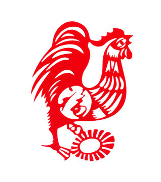 red flat paper-cut on white as a symbol of Chinese New Year of the Rooster with Sun 2017