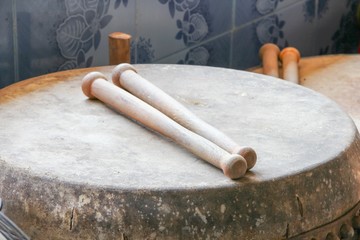 Drum big selective focus, ancient temple in Thailand