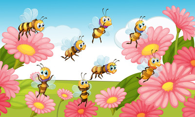 Bees flying in the flower garden