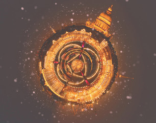 Winter in  Russia. Little golden planet panorama of Saint Petersburg at fantasy night. Christmas tree toy concept. Christmas, New year , X-mas,  Love and travel background. 