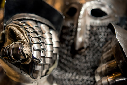 medieval armor of metal helmet and glove