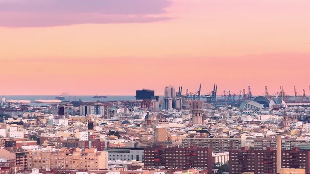 valencia skyline from high point of view timelapse at sunset to night zoom out