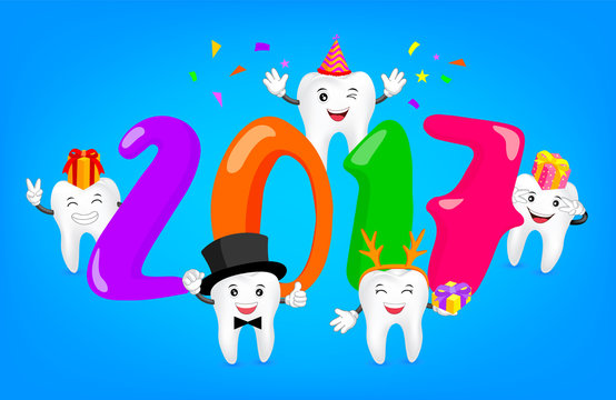 Happy New Year with cute cartoon white tooth character. illustration