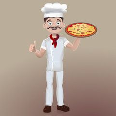 Chef holding a pizza and showing thumb up 