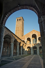 Fototapeta na wymiar Basilica of Saint Ambrogio facade and porch