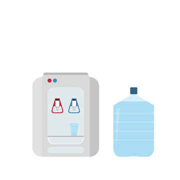 Office water cooler with big plastic bottle and plastic cup. Not equipped. Vector illustration