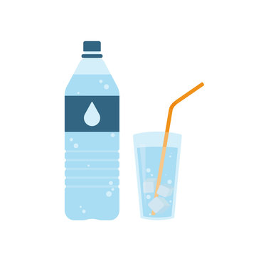 Plastic bottle of pure water with lable and drop on it. Glass of water with ice cubes and orange straw. Set. Vector illustration