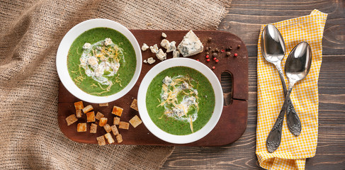 fresh and tasty green cream soup of spinach and broccoli