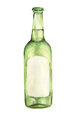 Watercolor alcohol bottle on white background. Alcohol beverage. Drink for restaurant or pub. Absent or rum.