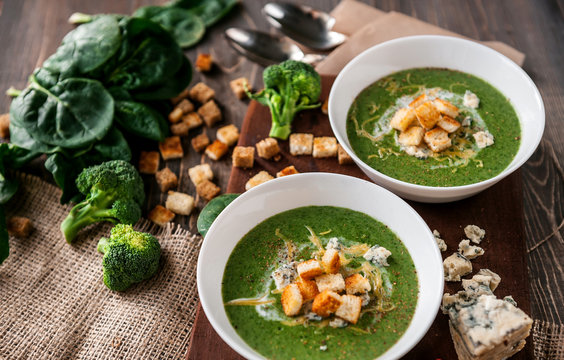 fresh and tasty green cream soup of spinach and broccoli