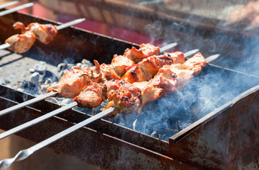 Juicy slices of meat with sauce prepare on the hot coals