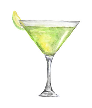 Isolated watercolor cocktail. Isolated glass with alcohol drink on white background. Lime.