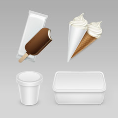 Vector set of Chocolate Popsicle Choc-ice Lollipop Soft Serve Ice Cream Waffle Cone with Plastic White Wrapper and Box Container for Package Design Mock up Close up Isolated on Background