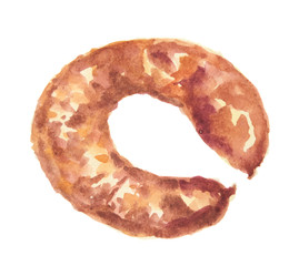 Isolated watercolor sausage on white background. Delicious and gourmet snack for restaurant and cafe.