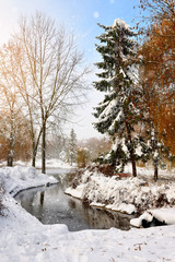 Winter landscape with the river in frosty day