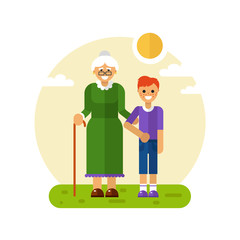 Vector flat design illustration of smiling boy with freckles on a walk with disabled grandmother in glasses with stick. Grandma keeping grandson's hand. Disability & Family helping concept for banner