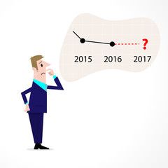 Business man confused stock market arrow.Sad businessman