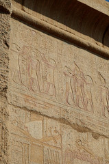 Ancient Egypt. The columns are decorated with carved hieroglyphs. Karnak Temple. Luxor. Thebes.