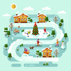 Flat design vector nature winter landscape illustration with house, girls and boys skiing and ice skating, pond with xmas tree, snowman, road, bench, trees, snow, snowflakes. Merry Christmas concept.