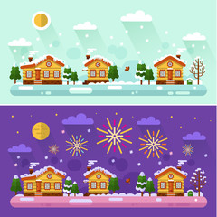 Flat design vector Day and Night winter landscape illustration with sky full of firework lights, cartoon fairytale houses, sun, moon, snowfall, icicles. Happy Holidays and Merry Christmas concept.