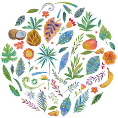 Watercolor pattern with tropical plants and fruits