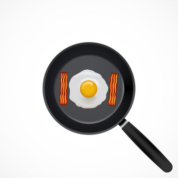 Cooking pan and fried egg with bacon isolated on white, vector illustration