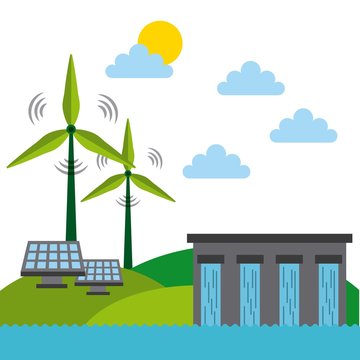 Water Dam, Solar Panel And Wind Turbines  Over Green Landscape. Colorful Design. Vector Illustration