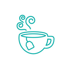 cup of tea with steam hot drink line icon blue on white