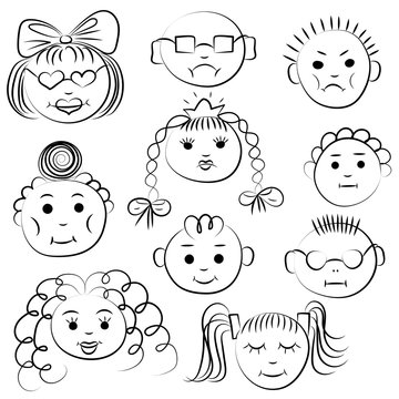 Set of ten cute kids. Funny children drawings of faces. Sketch style. Vector illustration.