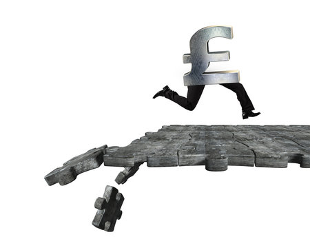 Pound symbol with human legs running on breaking puzzle ground