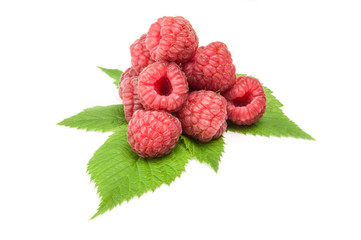 Raspberries with leaves isolated on a white background with clipping path