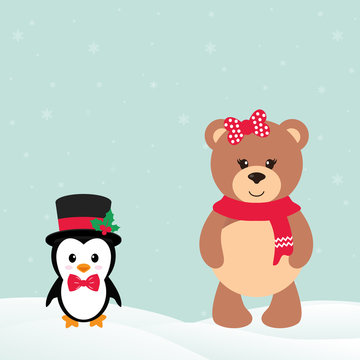 cute penguin with snow and bear