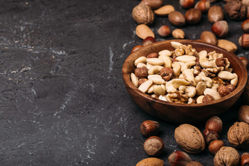 Background of mixed nuts - hazelnuts, walnuts, almonds - with copy space. 