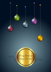 Christmas greeting card template, gold badge, chrismas balls  and snowflakes