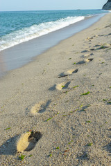 Footprints on Sea beach sand waves