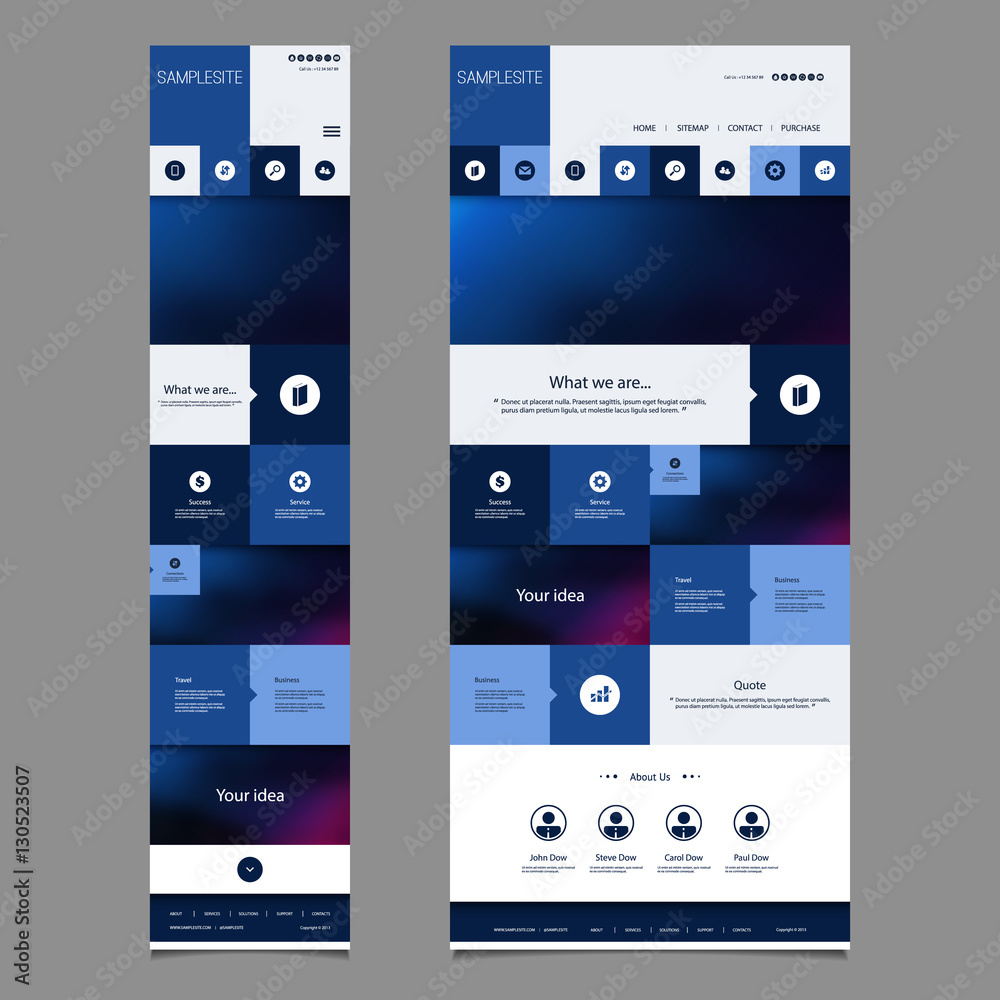 Wall mural responsive one page website template with blurred background - desktop and mobile version