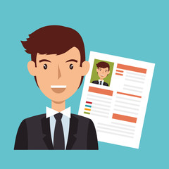 businessman character avatar with cv icon vector illustration design