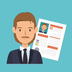businessman character avatar with cv icon vector illustration design