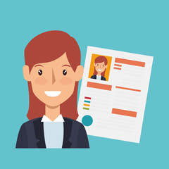 businesswoman character avatar with cv icon vector illustration design