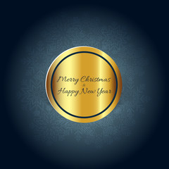 Christmas greeting card template, gold badge and snowflakes