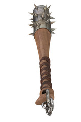 mace weapon of wood with metal spikes and wires on an isolated white background. 3d illustration