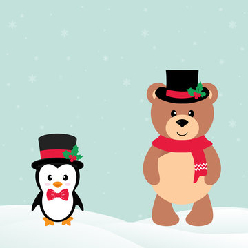 cute penguin with snow and teddy