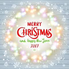 Merry christmas happy new year card design with festive xmas lights and colorful blur bokeh elements in the background. Ideal for holiday greetings, web, or poster. EPS10 vector.