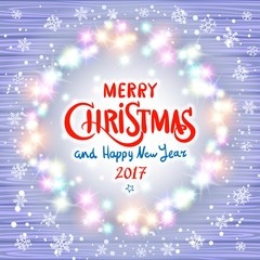 Merry Christmas and Happy New Year 2017. Glowing Christmas wreath made of led lights on the violet wooden background. Christmas lights background.