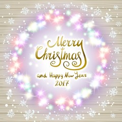 Merry christmas happy new year card design with festive xmas lights and colorful blur bokeh elements in the background. Ideal for holiday greetings, web, or poster. EPS10 vector.