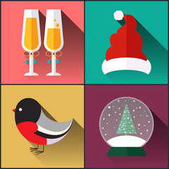 new year icon pack included santa claus hat,a glass of champagne, bullfinch and snowball. flat design style