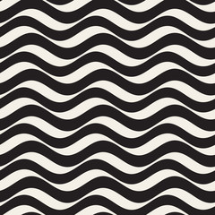 Vector Seamless Black and White Hand Drawn Horizontal Wavy Lines Pattern