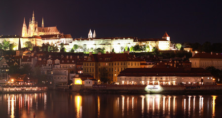 Night photo of St. Vitus Cathedral, Prague castle and the Vltava River